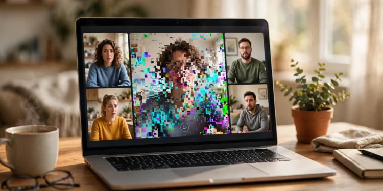 Laptop showing a video call with one participant's video frozen and pixelated, illustrating upload-speed problems during video calls