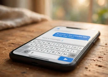 Smartphone on a wooden desk showing an on-screen keyboard with a microphone button for voice typing