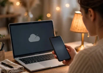 Woman at a home desk checking her smartphone while her laptop shows a disconnected cloud icon, illustrating how to check whether a website is down