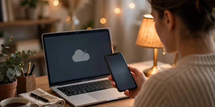Woman at a home desk checking her smartphone while her laptop shows a disconnected cloud icon, illustrating how to check whether a website is down