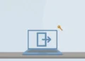 Flat illustration of a laptop showing a logout symbol with a small brass key beside it, on a blue and grey background