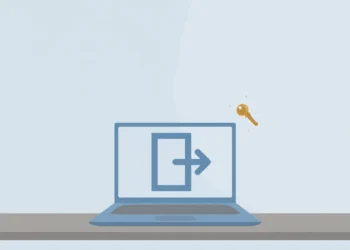 Flat illustration of a laptop showing a logout symbol with a small brass key beside it, on a blue and grey background