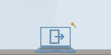 Flat illustration of a laptop showing a logout symbol with a small brass key beside it, on a blue and grey background