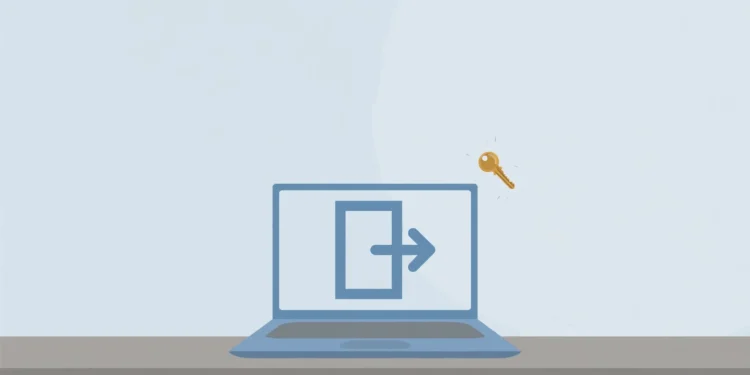 Flat illustration of a laptop showing a logout symbol with a small brass key beside it, on a blue and grey background