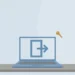 Flat illustration of a laptop showing a logout symbol with a small brass key beside it, on a blue and grey background