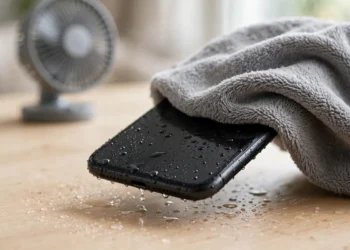 A wet smartphone tilted so its charging port faces down, water dripping away, being patted dry with a grey microfiber cloth, with a desk fan in the background
