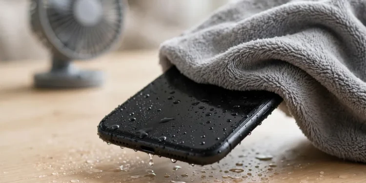 A wet smartphone tilted so its charging port faces down, water dripping away, being patted dry with a grey microfiber cloth, with a desk fan in the background