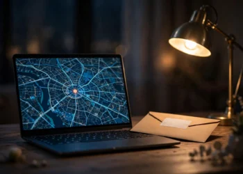 Laptop on a desk at night showing a glowing city map with a location marker, next to an envelope with a return-address label