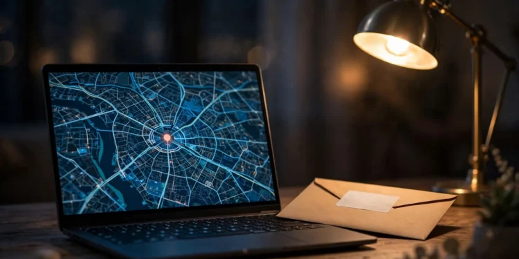 Laptop on a desk at night showing a glowing city map with a location marker, next to an envelope with a return-address label