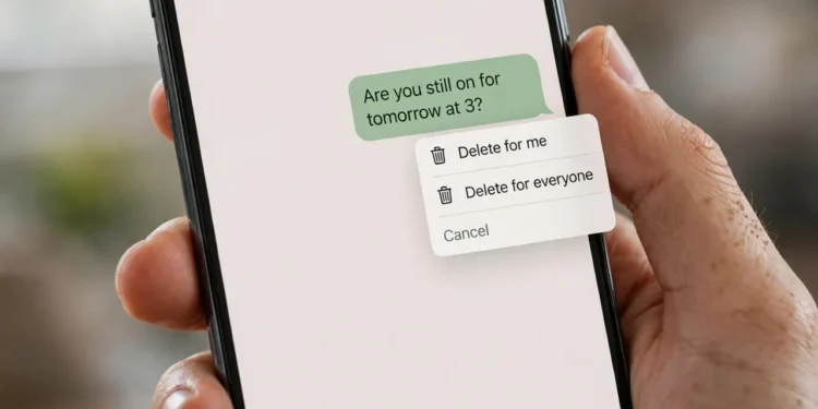 A hand holding a smartphone showing a messaging chat with a message bubble and a pop-up menu offering "Delete for me" and "Delete for everyone"
