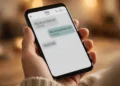 A hand holding a smartphone showing a chat screen with the word "online" under a contact's name
