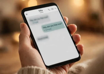 A hand holding a smartphone showing a chat screen with the word "online" under a contact's name