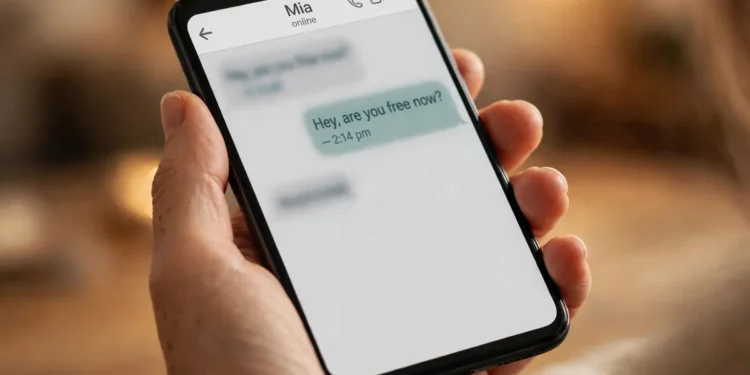 A hand holding a smartphone showing a chat screen with the word "online" under a contact's name