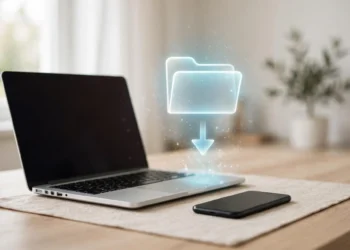 Illustration of a laptop and a phone on a desk with a glowing downloads folder icon and download arrow above them