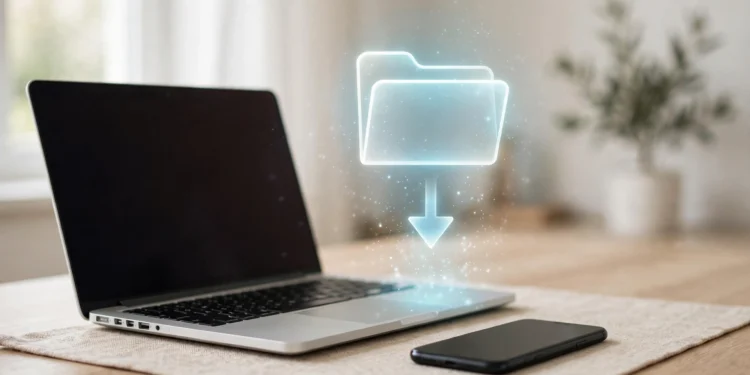 Illustration of a laptop and a phone on a desk with a glowing downloads folder icon and download arrow above them