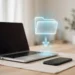 Illustration of a laptop and a phone on a desk with a glowing downloads folder icon and download arrow above them