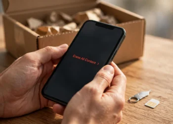 Hands holding a smartphone showing the "Erase All Content" option, with a removed SIM card, SIM ejector tool, and shipping box on a wooden desk