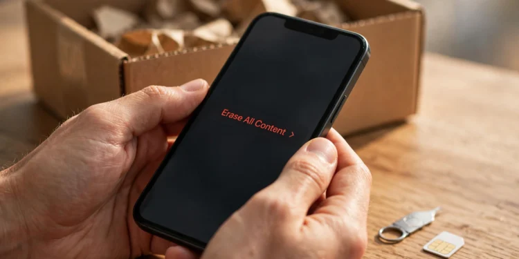 Hands holding a smartphone showing the "Erase All Content" option, with a removed SIM card, SIM ejector tool, and shipping box on a wooden desk